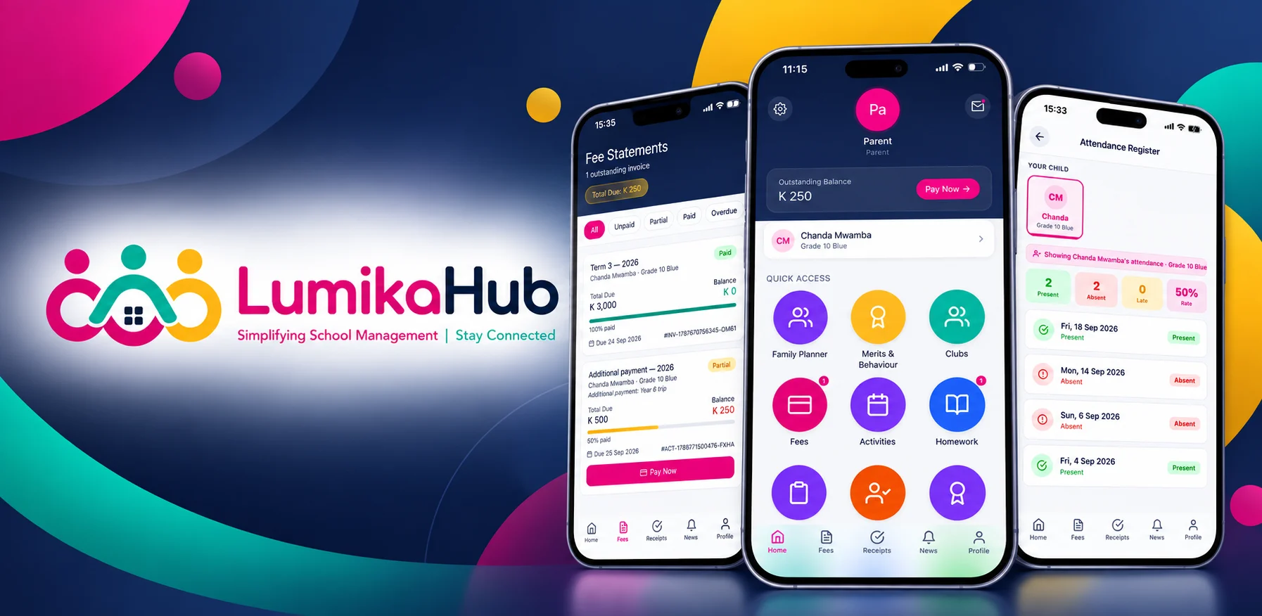 LumikaHub Parent app screens for fees, a parent dashboard and attendance